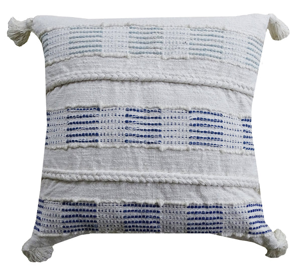 Homeroots 22" X 22" Off White And Blue Checkered Zippered Handmade Cotton Blend Throw Pillow With Tassels   482292