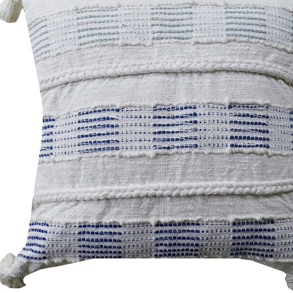 Homeroots 22" X 22" Off White And Blue Checkered Zippered Handmade Cotton Blend Throw Pillow With Tassels   482292