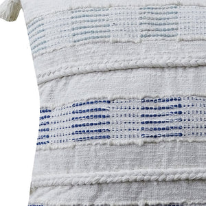 Homeroots 22" X 22" Off White And Blue Checkered Zippered Handmade Cotton Blend Throw Pillow With Tassels   482292