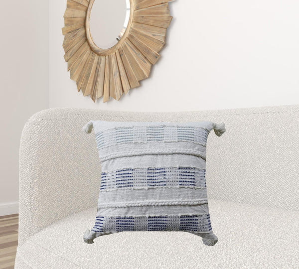Homeroots 22" X 22" Off White And Blue Checkered Zippered Handmade Cotton Blend Throw Pillow With Tassels   482292