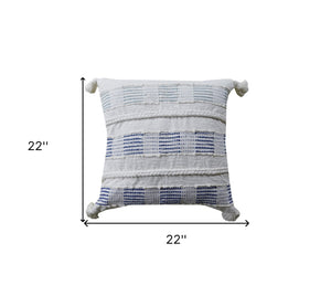 Homeroots 22" X 22" Off White And Blue Checkered Zippered Handmade Cotton Blend Throw Pillow With Tassels   482292