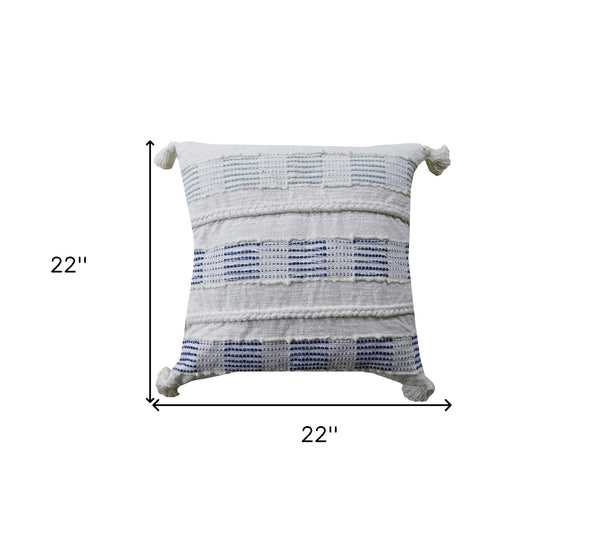 Homeroots 22" X 22" Off White And Blue Checkered Zippered Handmade Cotton Blend Throw Pillow With Tassels   482292