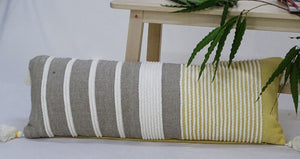 Homeroots 14" X 36" Gray And Yellow Striped Handmade Cotton Blend Throw Pillow With Tassels   482293
