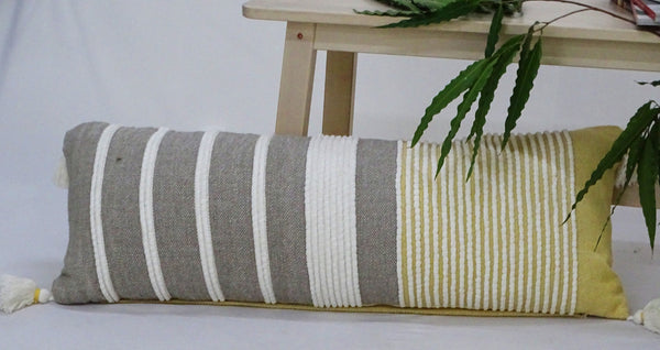 Homeroots 14" X 36" Gray And Yellow Striped Handmade Cotton Blend Throw Pillow With Tassels   482293