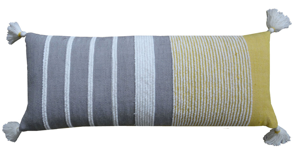 Homeroots 14" X 36" Gray And Yellow Striped Handmade Cotton Blend Throw Pillow With Tassels   482293