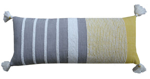 Homeroots 14" X 36" Gray And Yellow Striped Handmade Cotton Blend Throw Pillow With Tassels   482293