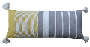 Homeroots 14" X 36" Gray And Yellow Striped Handmade Cotton Blend Throw Pillow With Tassels   482293