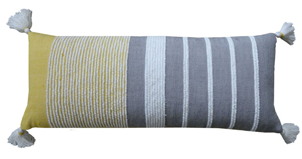 Homeroots 14" X 36" Gray And Yellow Striped Handmade Cotton Blend Throw Pillow With Tassels   482293