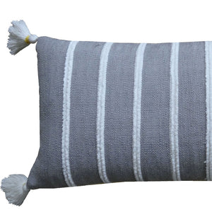 Homeroots 14" X 36" Gray And Yellow Striped Handmade Cotton Blend Throw Pillow With Tassels   482293