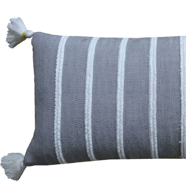 Homeroots 14" X 36" Gray And Yellow Striped Handmade Cotton Blend Throw Pillow With Tassels   482293