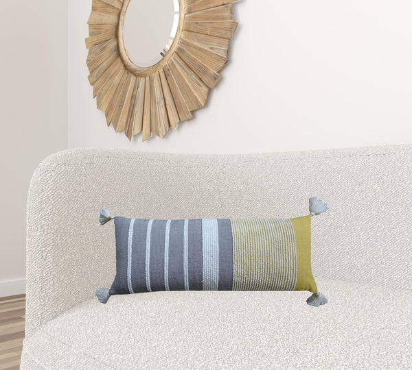 Homeroots 14" X 36" Gray And Yellow Striped Handmade Cotton Blend Throw Pillow With Tassels   482293