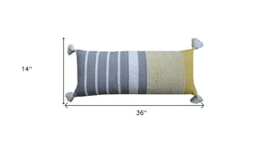 Homeroots 14" X 36" Gray And Yellow Striped Handmade Cotton Blend Throw Pillow With Tassels   482293