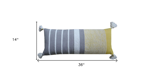 Homeroots 14" X 36" Gray And Yellow Striped Handmade Cotton Blend Throw Pillow With Tassels   482293