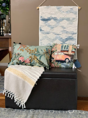 Homeroots 14" X 20" Green And Yellow Floral Zippered Handmade Cotton Blend Throw Pillow With Pom Poms   482294