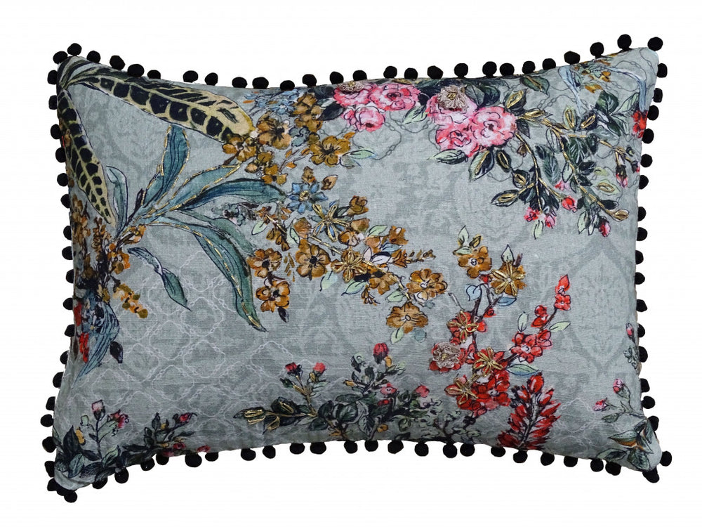 Homeroots 14" X 20" Green And Yellow Floral Zippered Handmade Cotton Blend Throw Pillow With Pom Poms   482294