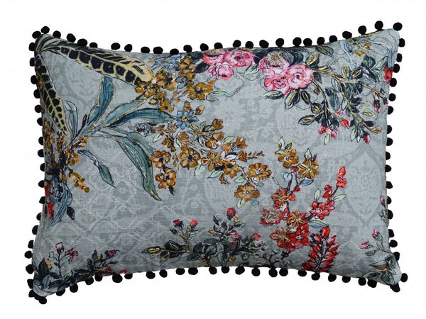 Homeroots 14" X 20" Green And Yellow Floral Zippered Handmade Cotton Blend Throw Pillow With Pom Poms   482294