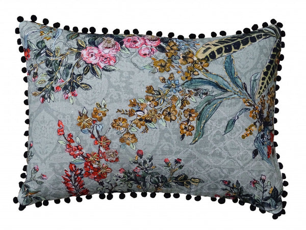 Homeroots 14" X 20" Green And Yellow Floral Zippered Handmade Cotton Blend Throw Pillow With Pom Poms   482294