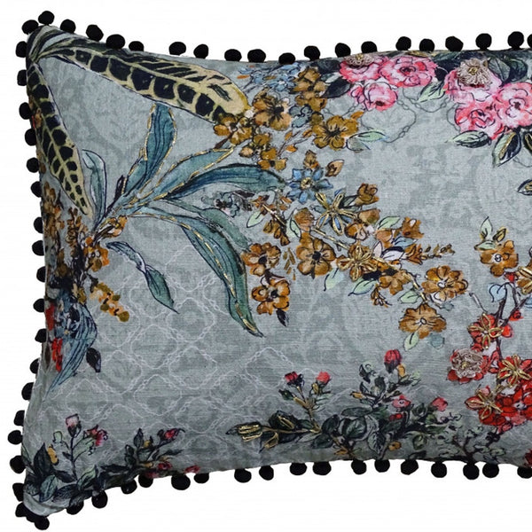 Homeroots 14" X 20" Green And Yellow Floral Zippered Handmade Cotton Blend Throw Pillow With Pom Poms   482294