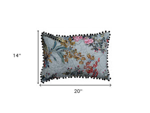 Homeroots 14" X 20" Green And Yellow Floral Zippered Handmade Cotton Blend Throw Pillow With Pom Poms   482294