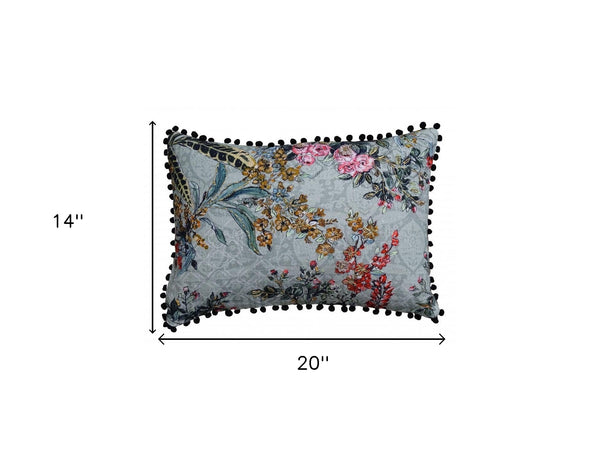 Homeroots 14" X 20" Green And Yellow Floral Zippered Handmade Cotton Blend Throw Pillow With Pom Poms   482294