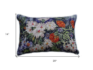 Homeroots 14" X 20" Blue And White Floral Zippered Handmade Cotton Blend Throw Pillow   482295