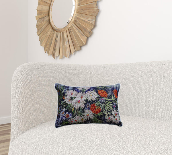 Homeroots 14" X 20" Blue And White Floral Zippered Handmade Cotton Blend Throw Pillow   482295