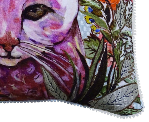 Homeroots 14" X 20" Pink Cat Zippered Handmade Cotton Blend Throw Pillow With Pom Poms   482296