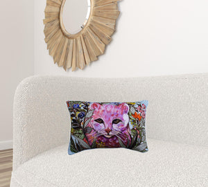Homeroots 14" X 20" Pink Cat Zippered Handmade Cotton Blend Throw Pillow With Pom Poms   482296