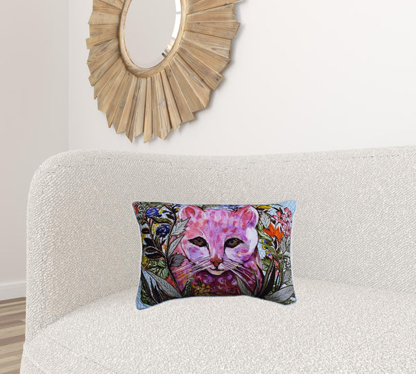 Homeroots 14" X 20" Pink Cat Zippered Handmade Cotton Blend Throw Pillow With Pom Poms   482296
