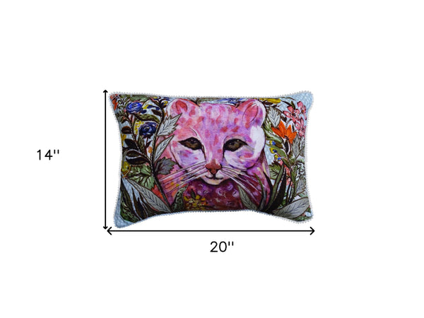 Homeroots 14" X 20" Pink Cat Zippered Handmade Cotton Blend Throw Pillow With Pom Poms   482296