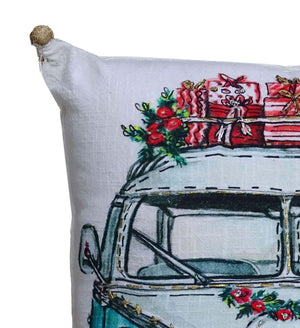 Homeroots 18" X 18" Red And Green Zippered Handmade Cotton Blend Christmas Holiday Van Throw Pillow With Embroidery   482297