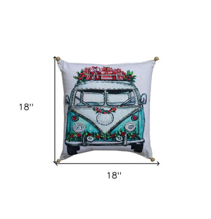 Homeroots 18" X 18" Red And Green Zippered Handmade Cotton Blend Christmas Holiday Van Throw Pillow With Embroidery   482297