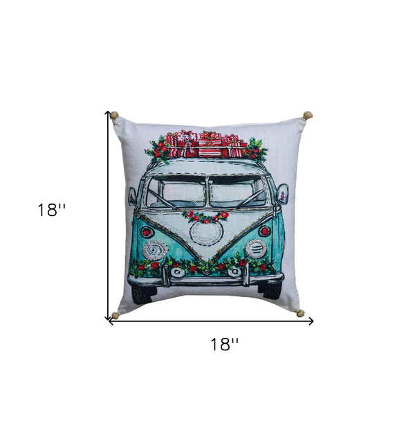 Homeroots 18" X 18" Red And Green Zippered Handmade Cotton Blend Christmas Holiday Van Throw Pillow With Embroidery   482297
