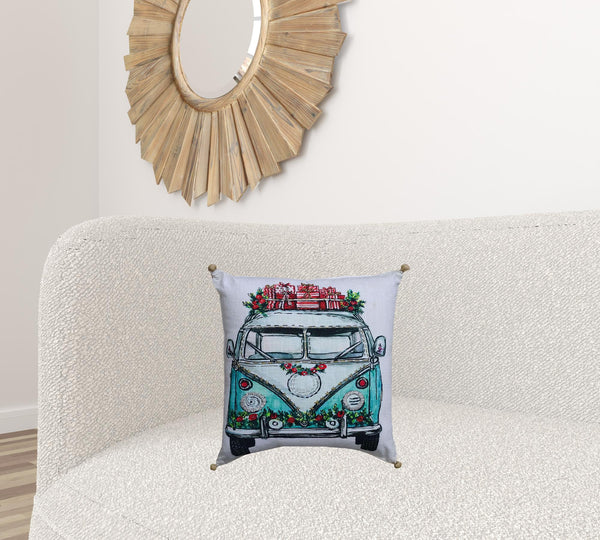 Homeroots 18" X 18" Red And Green Zippered Handmade Cotton Blend Christmas Holiday Van Throw Pillow With Embroidery   482297