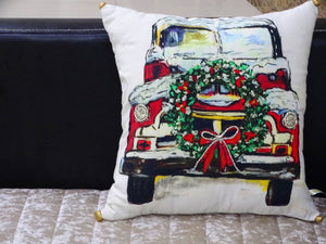 Homeroots 18" X 18" Red And Green Handmade Christmas Car Throw Pillow With Pom Poms   482298