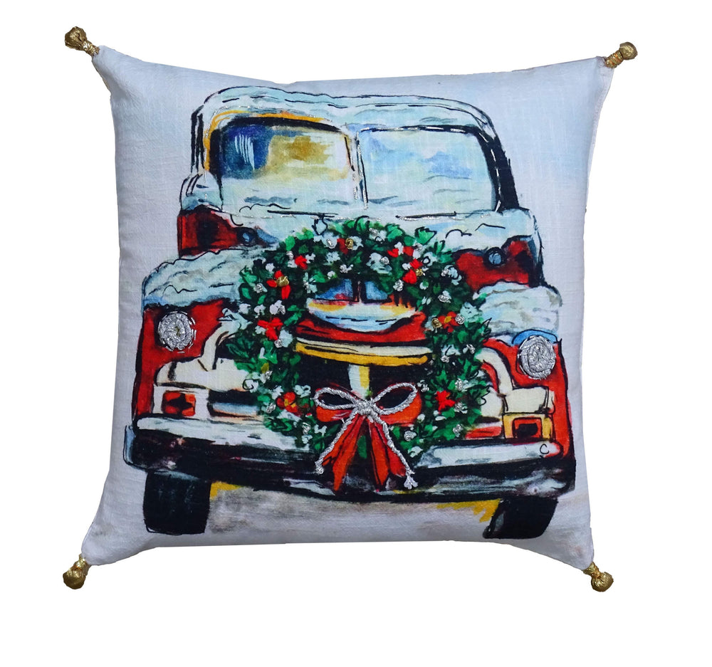 Homeroots 18" X 18" Red And Green Handmade Christmas Car Throw Pillow With Pom Poms   482298