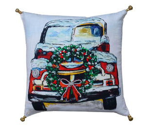 Homeroots 18" X 18" Red And Green Handmade Christmas Car Throw Pillow With Pom Poms   482298