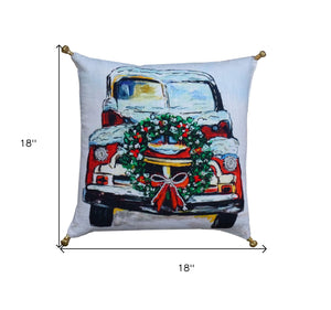 Homeroots 18" X 18" Red And Green Handmade Christmas Car Throw Pillow With Pom Poms   482298