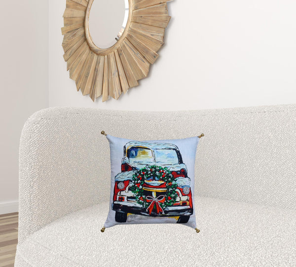 Homeroots 18" X 18" Red And Green Handmade Christmas Car Throw Pillow With Pom Poms   482298