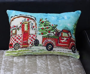 Homeroots 14" X 20" Red And Blue Christmas Holiday Van Throw Pillow   482299