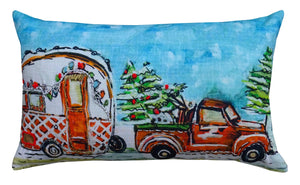 Homeroots 14" X 20" Red And Blue Christmas Holiday Van Throw Pillow   482299