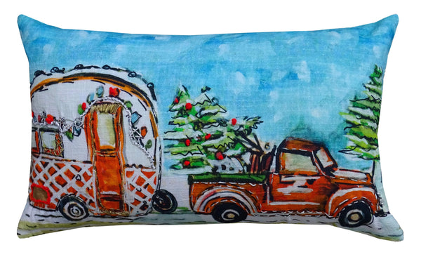 Homeroots 14" X 20" Red And Blue Christmas Holiday Van Throw Pillow   482299