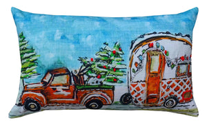 Homeroots 14" X 20" Red And Blue Christmas Holiday Van Throw Pillow   482299