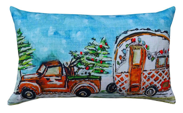 Homeroots 14" X 20" Red And Blue Christmas Holiday Van Throw Pillow   482299