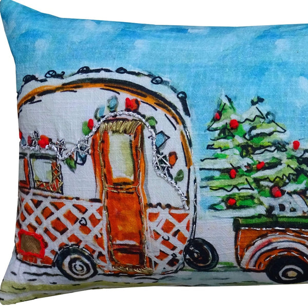 Homeroots 14" X 20" Red And Blue Christmas Holiday Van Throw Pillow   482299