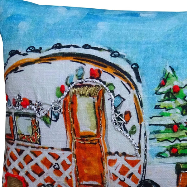 Homeroots 14" X 20" Red And Blue Christmas Holiday Van Throw Pillow   482299