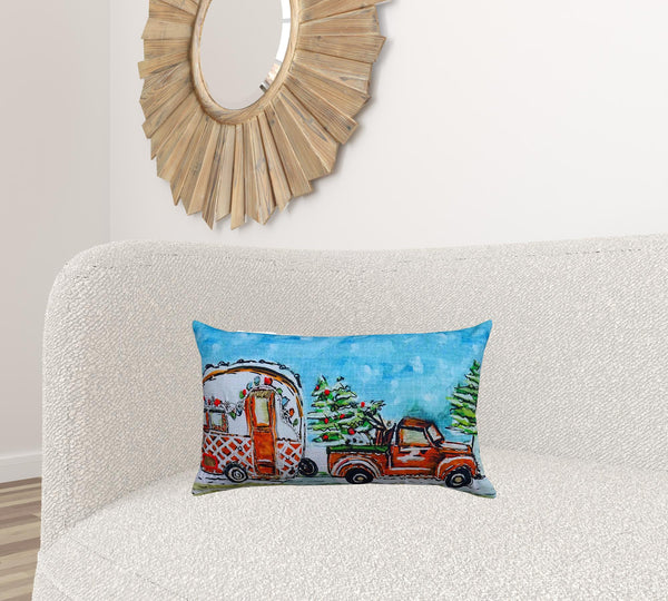 Homeroots 14" X 20" Red And Blue Christmas Holiday Van Throw Pillow   482299