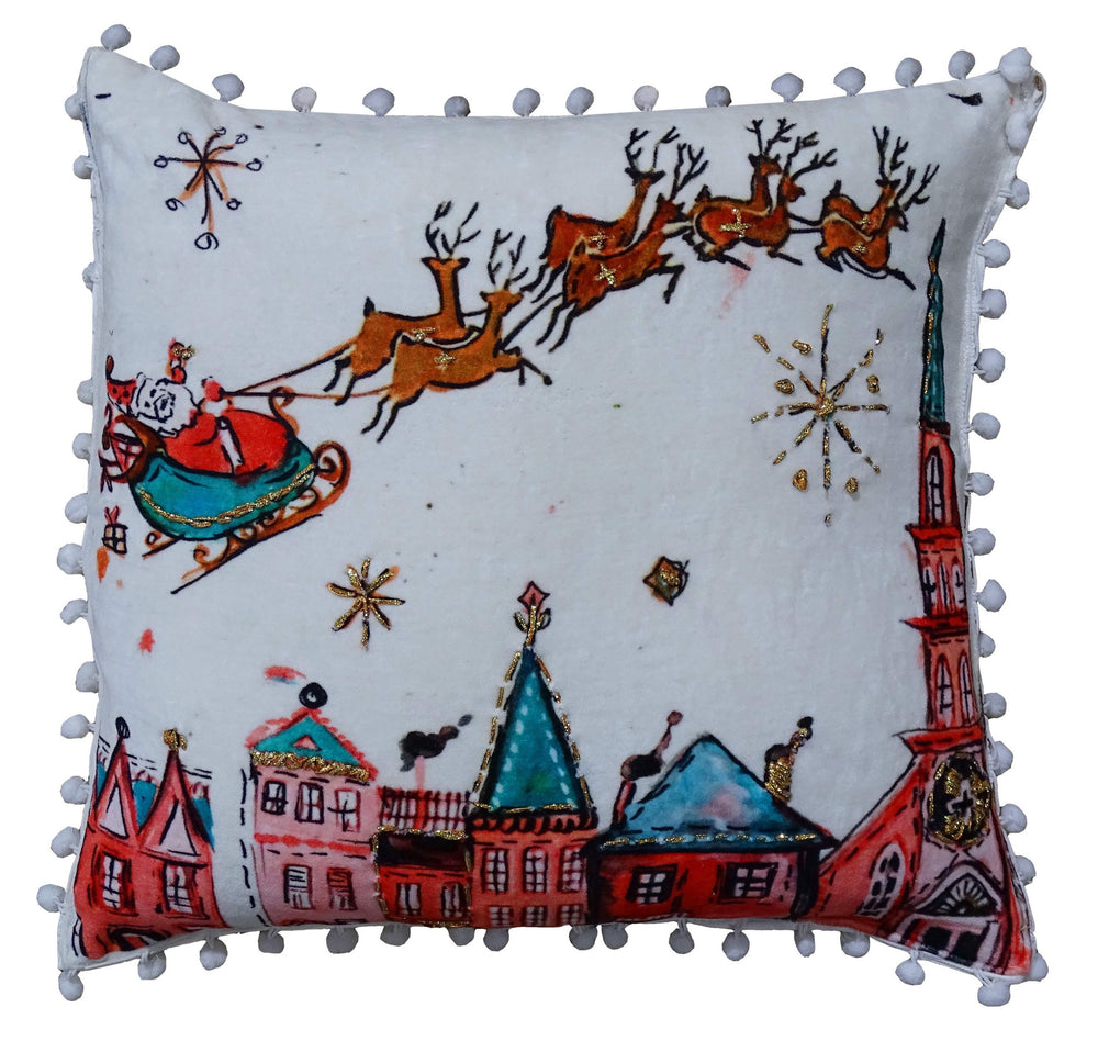 Homeroots 18" X 18" Red And Green Christmas Santa And Reindeer Throw Pillow With Pom Poms   482300