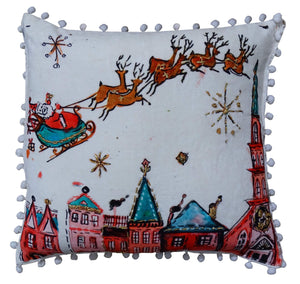 Homeroots 18" X 18" Red And Green Christmas Santa And Reindeer Throw Pillow With Pom Poms   482300