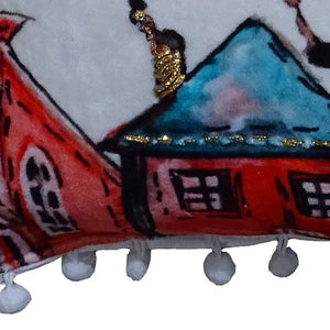 Homeroots 18" X 18" Red And Green Christmas Santa And Reindeer Throw Pillow With Pom Poms   482300